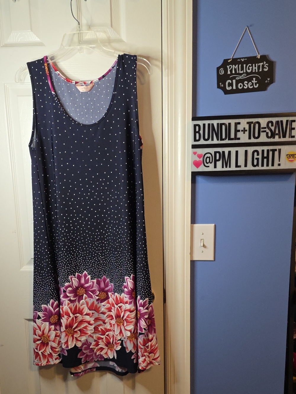SJS Sleeveless Navy Floral Border Swing Dress Large